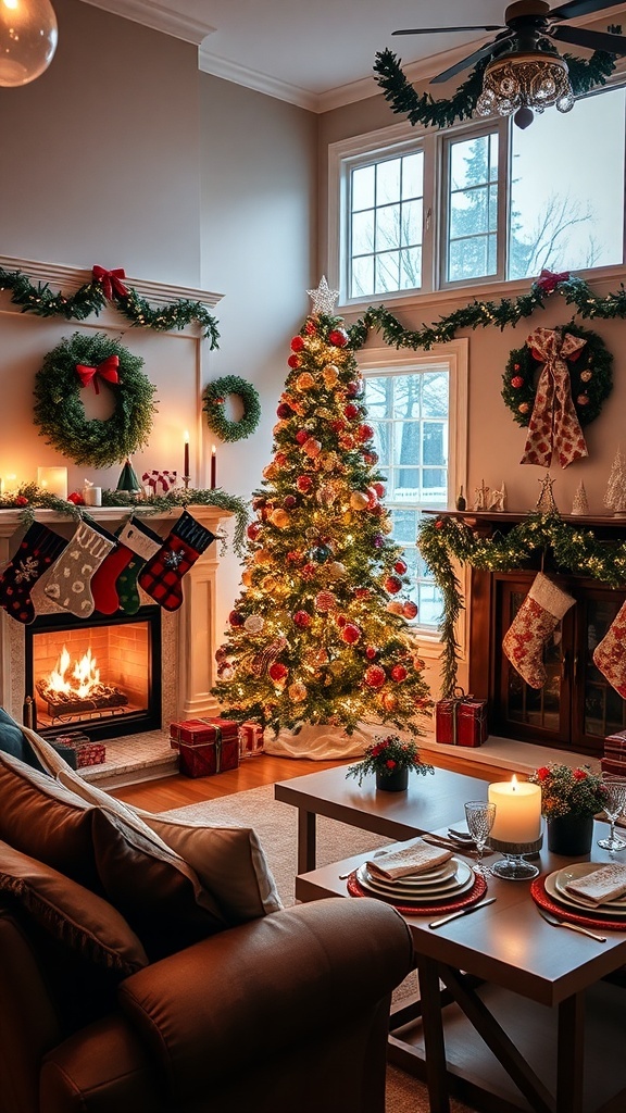 A cozy Christmas living room with a decorated tree, stockings, and festive decor.
